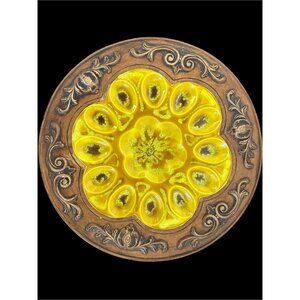 Treasure Craft Ceramic Yellow Glaze Faux Wood Deviled Egg Platter VINTAGE